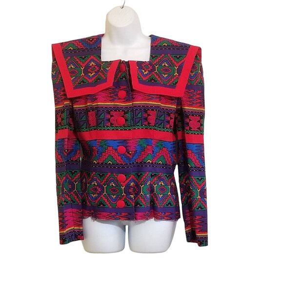 Leslie Lucks Blouse Jacket M Vintage Southwest Aztec Collar Button Up READ - Picture 8 of 16